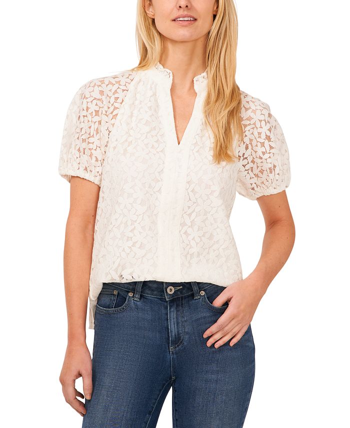 Women's Floral Lace Puff Sleeve Split Neck Top