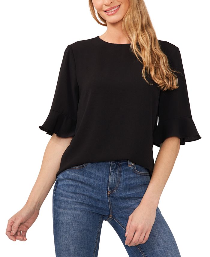 Women's Crewneck 3/4-Sleeve Ruffled Cuff Blouse