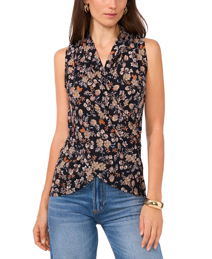 Women's Floral Crossover Wrap-Front Sleeveless Top