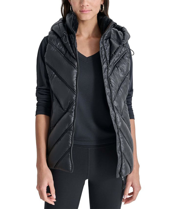 Women's Hooded Puffer Vest with Contrast Scuba and Teddy Faux Fur Collar