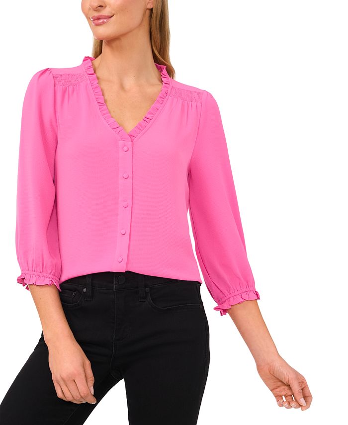 Women's Ruffled Button-Front 3/4-Sleeve Blouse