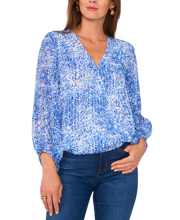 Women's Printed V-Neck Balloon-Sleeve Faux-Wrap Top