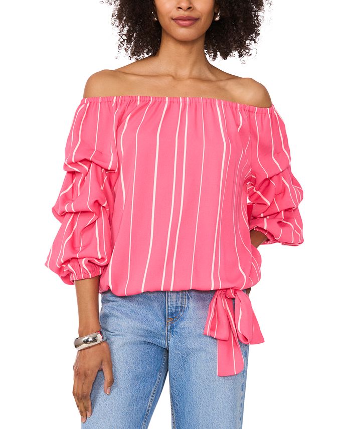 Women's Striped Off-The-Shoulder Bubble 3/4-Sleeve Tie-Front Blouse