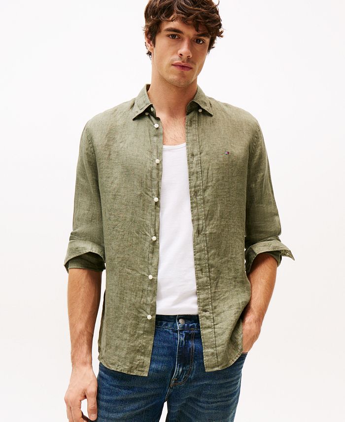 Men's Pigment-Dyed Linen Button-Down Long Sleeve Shirt