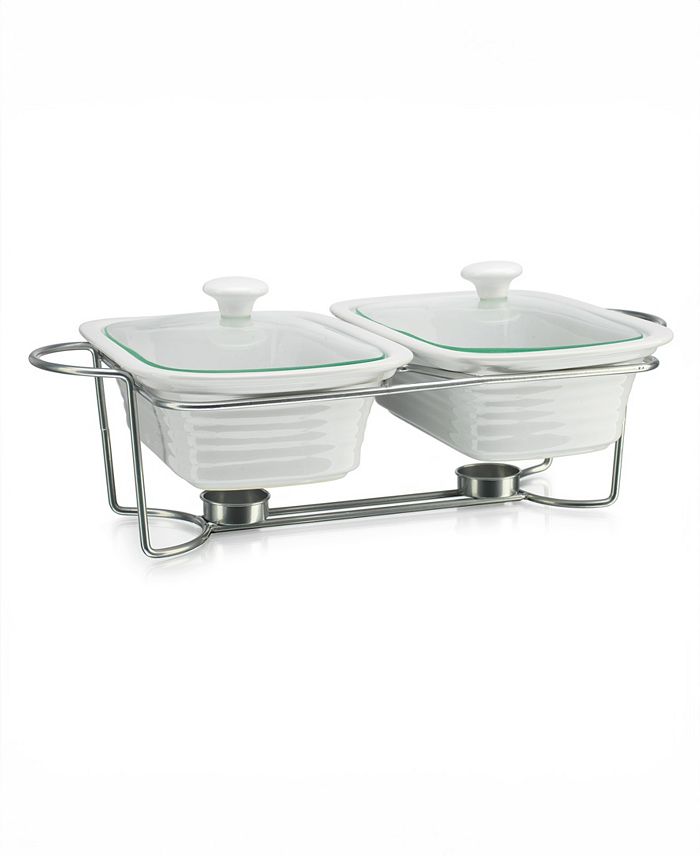 White Rectangle Double Porcelain Baker With Stand